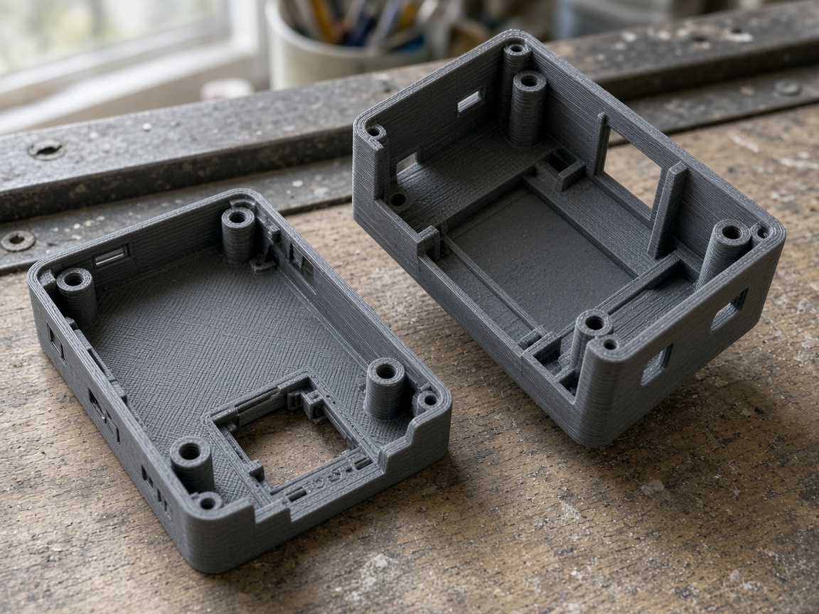 Handheld enclosure prototype with CAD of the same housing on screen.