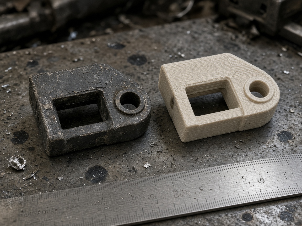 CAD of a nylon wear part on the workshop laptop, next to printed iterations.
