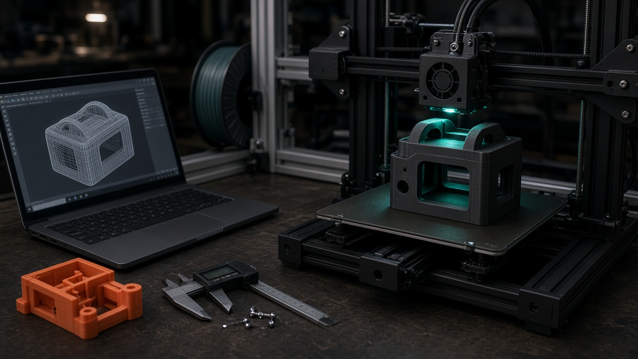 CAD on the laptop and a prototype housing printing on the B3D bench.